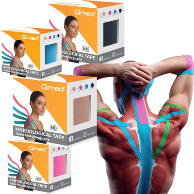 Wodoodporna, bezlateksowa taśma do kinesiotapingu - medyczny plaster + pudełko (Qmed Kinesiology Tape)
