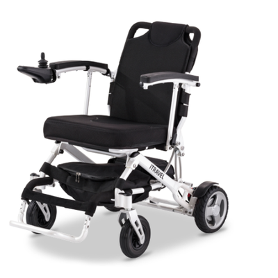 Ultralekki wózek elektryczny do użytku domowego i do poruszania po równych powierzchniach - łatwy w transporcie - kompaktowe wymiary, składana rama, duża zwrotność (Meyra iTRAVEL 1.054)