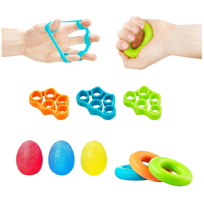 Wielozadaniowy zestaw do wzmocnienia mięśni rąk i rehabilitacji - rozbudowany trener dłoni - zestaw gum  do ćwiczeń nadgarstka o różnym oporze - zestaw 9 elementów + etui (Iso 9 Set)