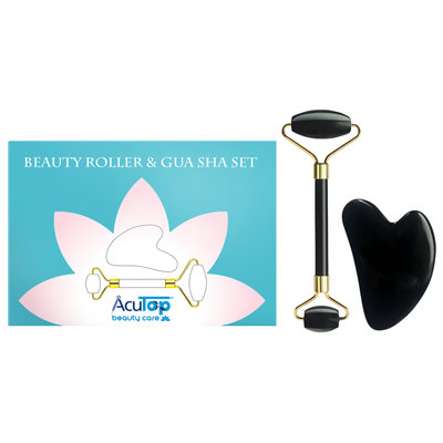 Zestaw z czarnego obsydianu w eleganckim etui - roller + płytka Gua Sha do pielęgnacji twarzy i szyi - Beauty Roller &amp; Gua Sha Set (Energy A46005)