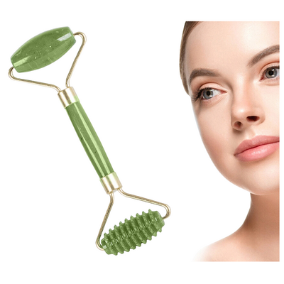 Roller jadeitowy do masażu twarzy, szyi i dekoltu z dwiema głowicami - gładką i karbowaną - poprawa wyglądu skóry, działanie odmładzające (24363)