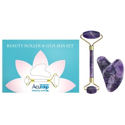 Zestaw z ametystu w eleganckim etui - roller + płytka Gua Sha do pielęgnacji twarzy i szyi - Beauty Roller &amp; Gua Sha Set (Love A46009)