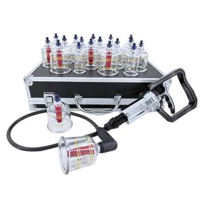 Zestaw bezogniowych baniek do terapii próżniowej i magnetoterapii w eleganckiej walizce - akrylowe bańki + pompka + nakładki magnetyczne (DA819Set)