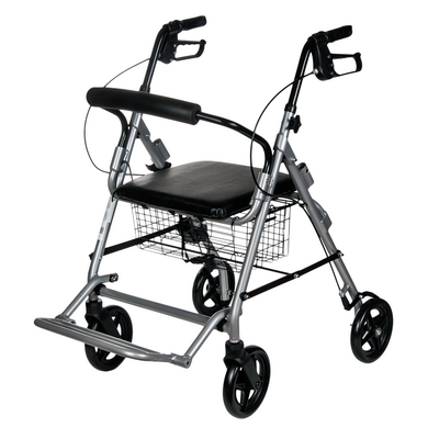 Podpórka czterokołowa ze stabilnym siedziskiem i oparciem - aluminiowy chodzik transportowy z koszykiem - Oslo Premium (RF-616)