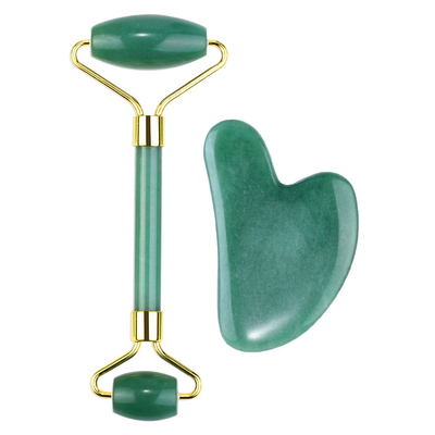 Zestaw z awenturynu w eleganckim etui - roller + płytka Gua Sha do pielęgnacji twarzy i szyi - Beauty Roller &amp; Gua Sha Set (Nature A46008)