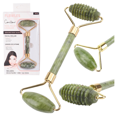 Roller jadeitowy do masażu twarzy, szyi i dekoltu z dwiema głowicami - gładką i karbowaną - poprawa wyglądu skóry, działanie odmładzające (24363)