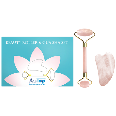 Zestaw z różowego kwarcu w eleganckim etui - roller + płytka Gua Sha do pielęgnacji twarzy i szyi - Beauty Roller &amp; Gua Sha Set (Love A46006)