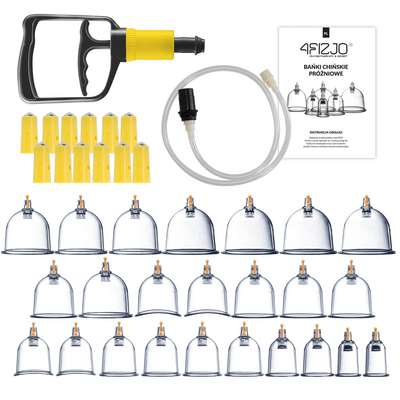 Zestaw baniek bezogniowych - 24 szt. - bańki próżniowe z pompką + nakładki magnetyczne (4Fizjo Cupping Set-24)
