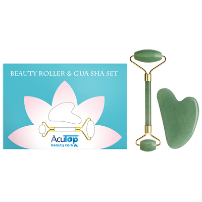 Zestaw z awenturynu w eleganckim etui - roller + płytka Gua Sha do pielęgnacji twarzy i szyi - Beauty Roller &amp; Gua Sha Set (Nature A46008)