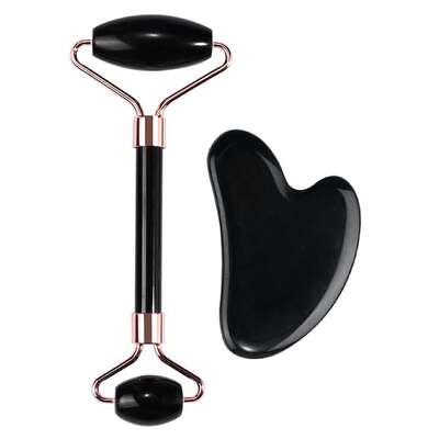 Zestaw z czarnego obsydianu w eleganckim etui - roller + płytka Gua Sha do pielęgnacji twarzy i szyi - Beauty Roller &amp; Gua Sha Set (Energy A46005)