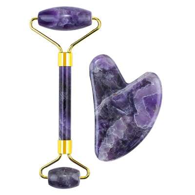 Zestaw z ametystu w eleganckim etui - roller + płytka Gua Sha do pielęgnacji twarzy i szyi - Beauty Roller &amp; Gua Sha Set (Love A46009)