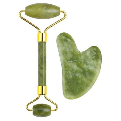 Zestaw jadeitowy w eleganckim etui - roller + płytka Gua Sha do pielęgnacji twarzy i szyi - Beauty Roller &amp; Gua Sha Set (A46004)