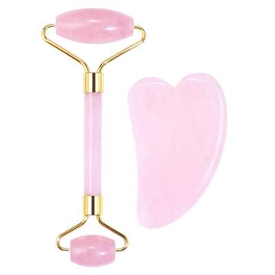 Zestaw z różowego kwarcu w eleganckim etui - roller + płytka Gua Sha do pielęgnacji twarzy i szyi - Beauty Roller &amp; Gua Sha Set (Love A46006)