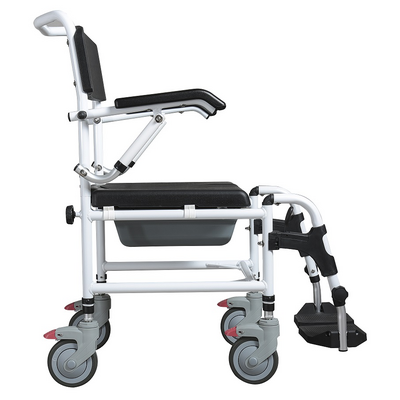 Prysznicowo-toaletowy wózek transportowy 3w1 - uchylne podłokietniki, miękkie siedzisko z klinem, pojemnik sanitarny (Master-Tim)