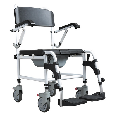 Prysznicowo-toaletowy wózek transportowy 3w1 - uchylne podłokietniki, miękkie siedzisko z klinem, pojemnik sanitarny (Master-Tim)