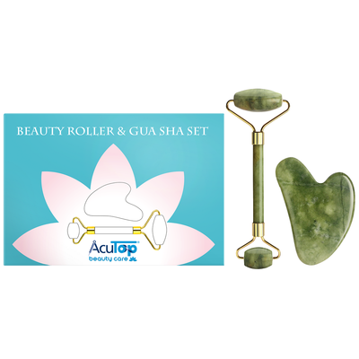 Zestaw jadeitowy w eleganckim etui - roller + płytka Gua Sha do pielęgnacji twarzy i szyi - Beauty Roller &amp; Gua Sha Set (A46004)