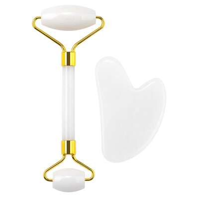 Zestaw z białego jadeitu w eleganckim etui - roller + płytka Gua Sha do pielęgnacji twarzy i szyi - Beauty Roller &amp; Gua Sha Set (Pure A46007)