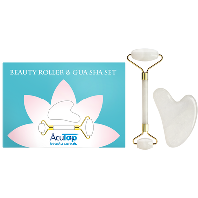 Zestaw z białego jadeitu w eleganckim etui - roller + płytka Gua Sha do pielęgnacji twarzy i szyi - Beauty Roller &amp; Gua Sha Set (Pure A46007)