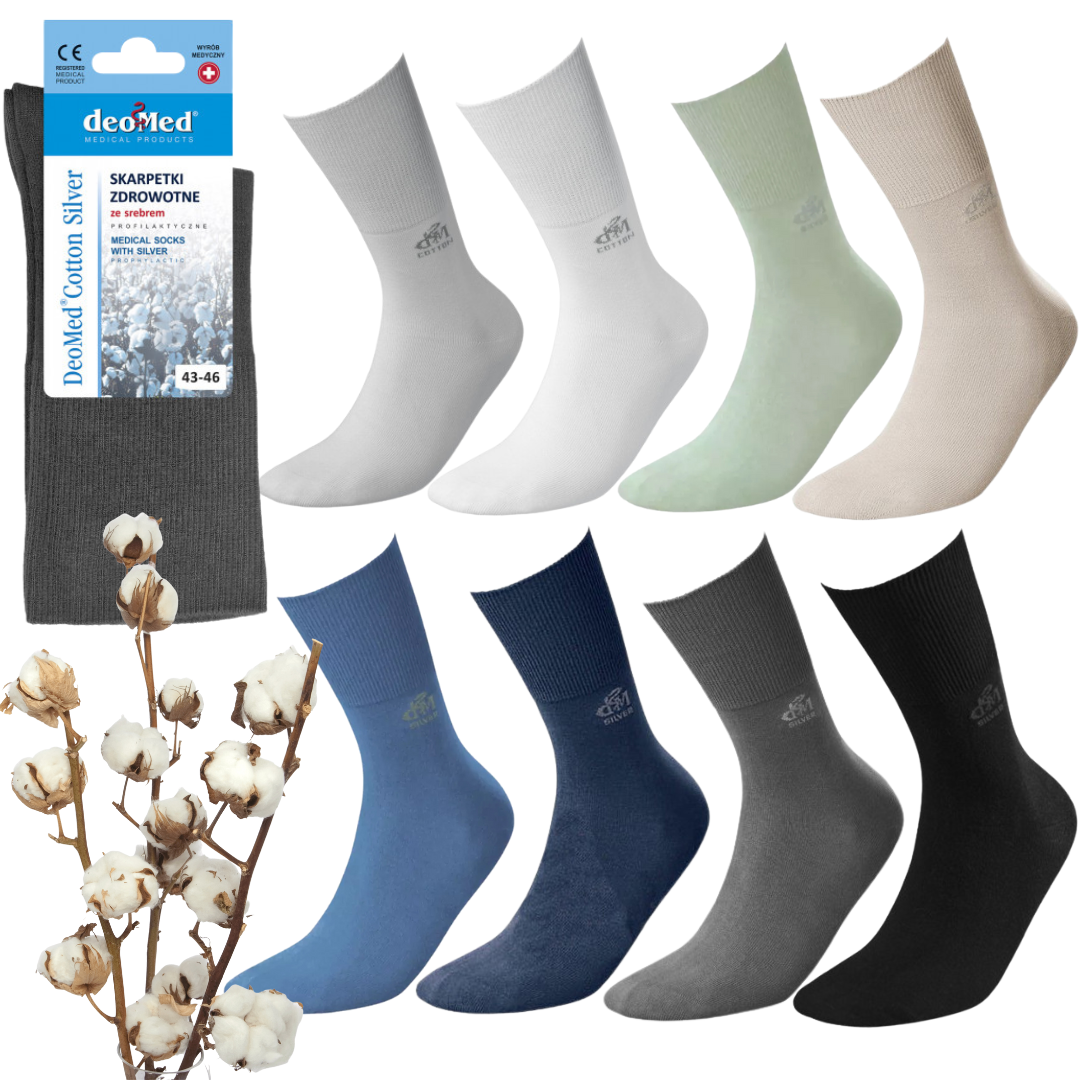 Bawełniane skarpetki medyczne z antymikrobowymi jonami srebra (DeoMed Cotton Silver)