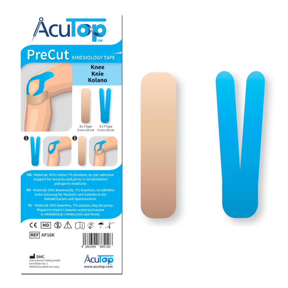 Zestaw gotowych aplikacji na kolano -  kinesiology tape - plastry do kinesiotapingu gotowe do naklejenia - szybka i łatwa aplikacja (AcuTop Precut Kne