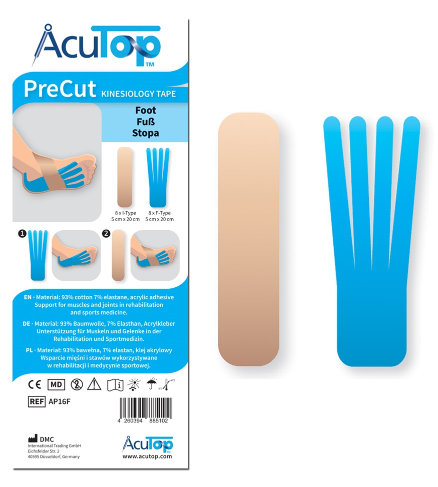 Zestaw gotowych aplikacji na stopę - kinesiology tape - plastry do kinesiotapingu gotowe do naklejenia - szybka i łatwa aplikacja (AcuTop Precut Foot)